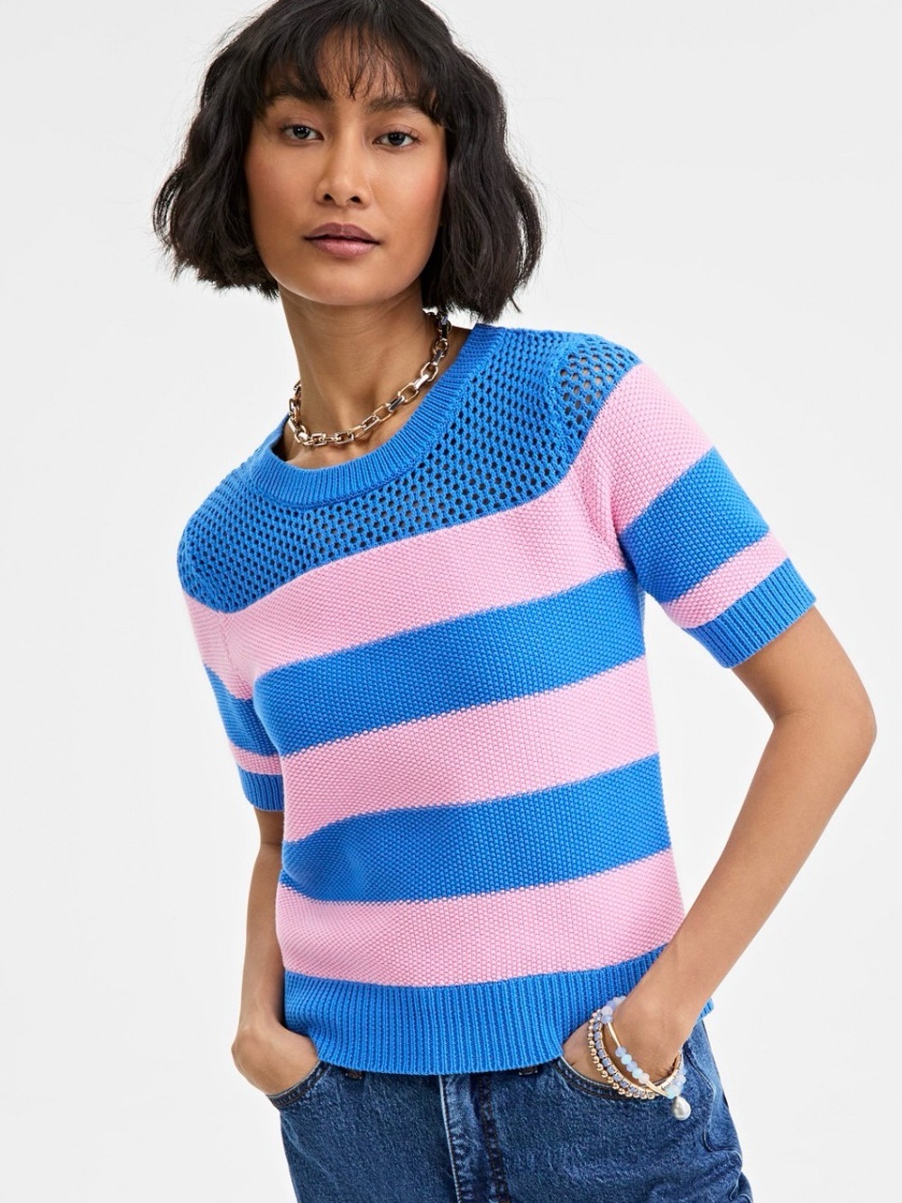 On 34th -Women's Cotton Pink & Blue Striped Perforated-Stitch Sweater - M